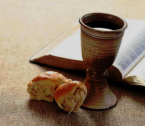 Communion still life - wine, bread and Bible